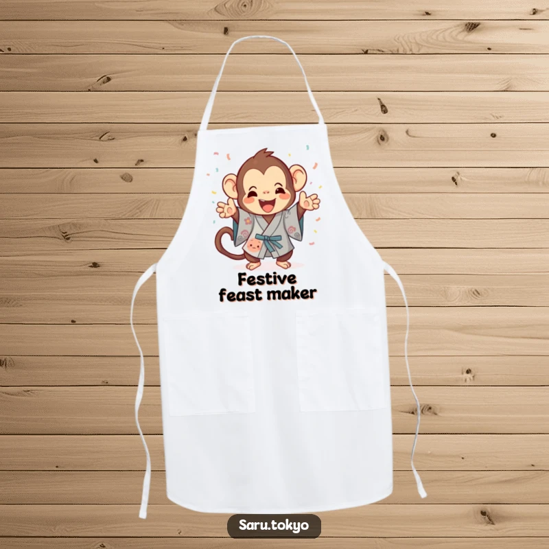 Funny Monkey Apron: A playful monkey in a kimono gleefully tosses confetti while cooking, adding festivity.