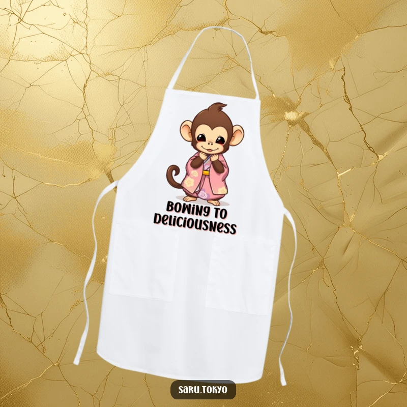 Funny Monkey Apron: Cute monkey in a flowing kimono masterfully bowing while cooking, adding humor to the kitchen.