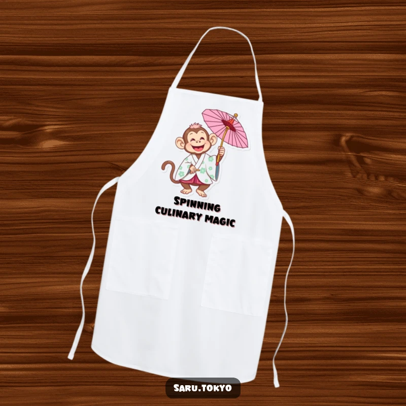 Funny Monkey Apron: A joyful monkey in a kimono playfully spins a parasol while cooking, adding cheer.