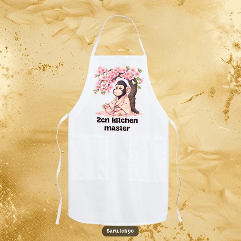 Funny Monkey Apron: A serene monkey in a kimono meditating under a cherry tree while cooking, bringing calm.