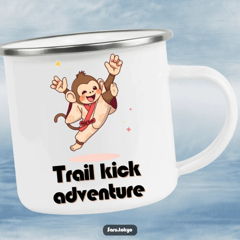 Funny camping mug of a monkey in a festive kimono attempting a dynamic high kick, ideal for outdoor activity.