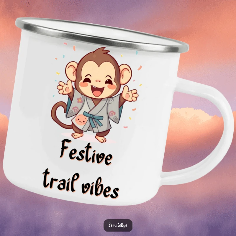 Funny Monkey Camping Mug: Playful monkey in a kimono gleefully tosses confetti, perfect for festive outdoor drinks.