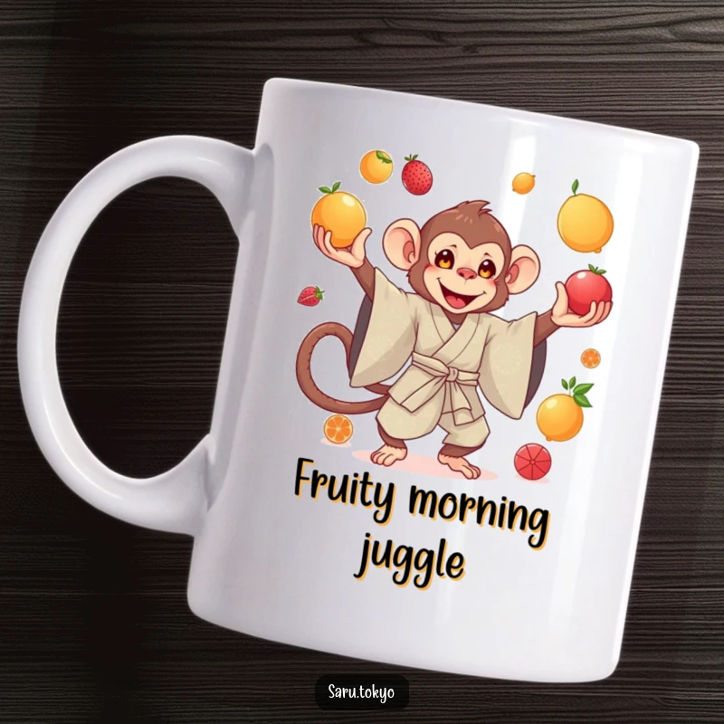 Funny mug showing a monkey in a silk kimono gracefully juggling a colorful assortment of bright fruits with skill.
