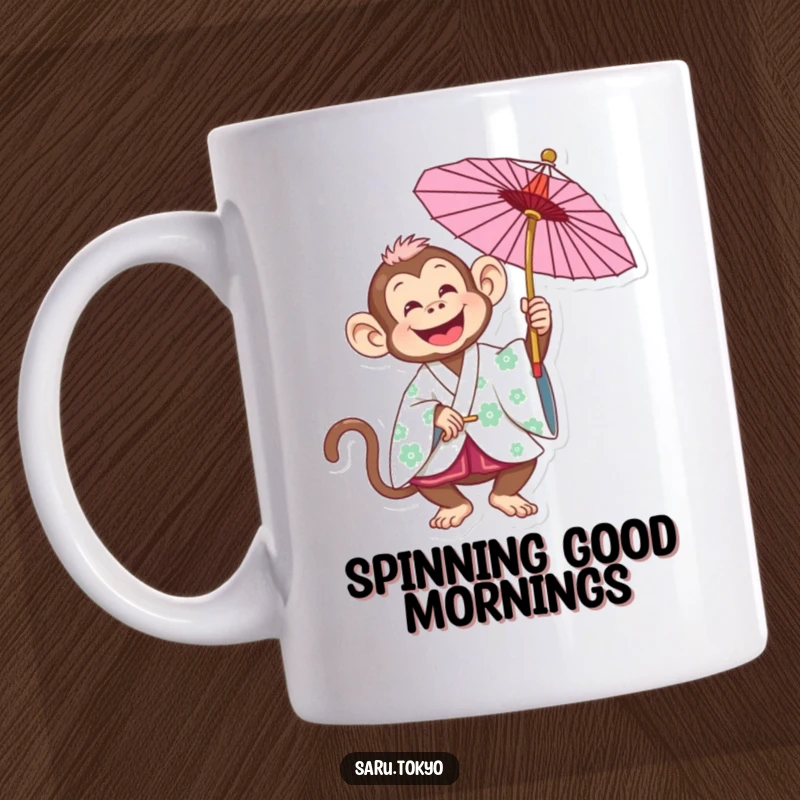 Funny Monkey Mug: A joyful monkey in a traditional kimono playfully spins a colorful parasol, radiating happiness.