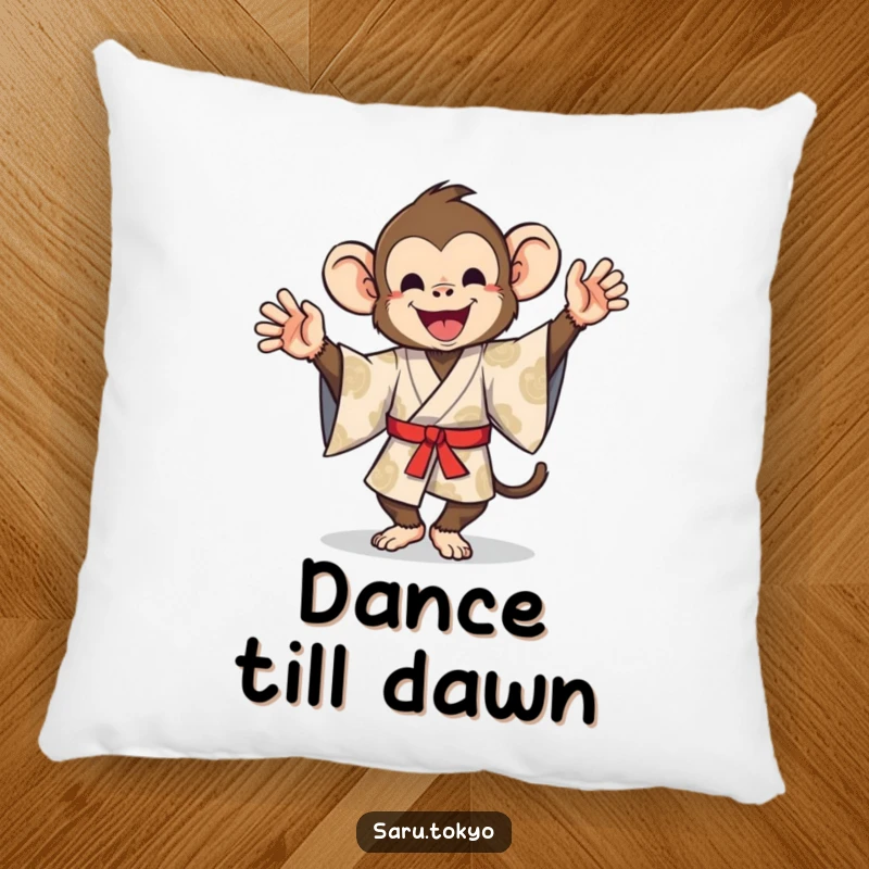 Funny pillow featuring a monkey in a patterned kimono lost in a joyful and incredibly silly dance.