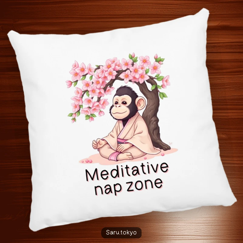 Funny Monkey Pillow: Serene monkey in a kimono meditating under a cherry tree, providing soft, peaceful comfort.