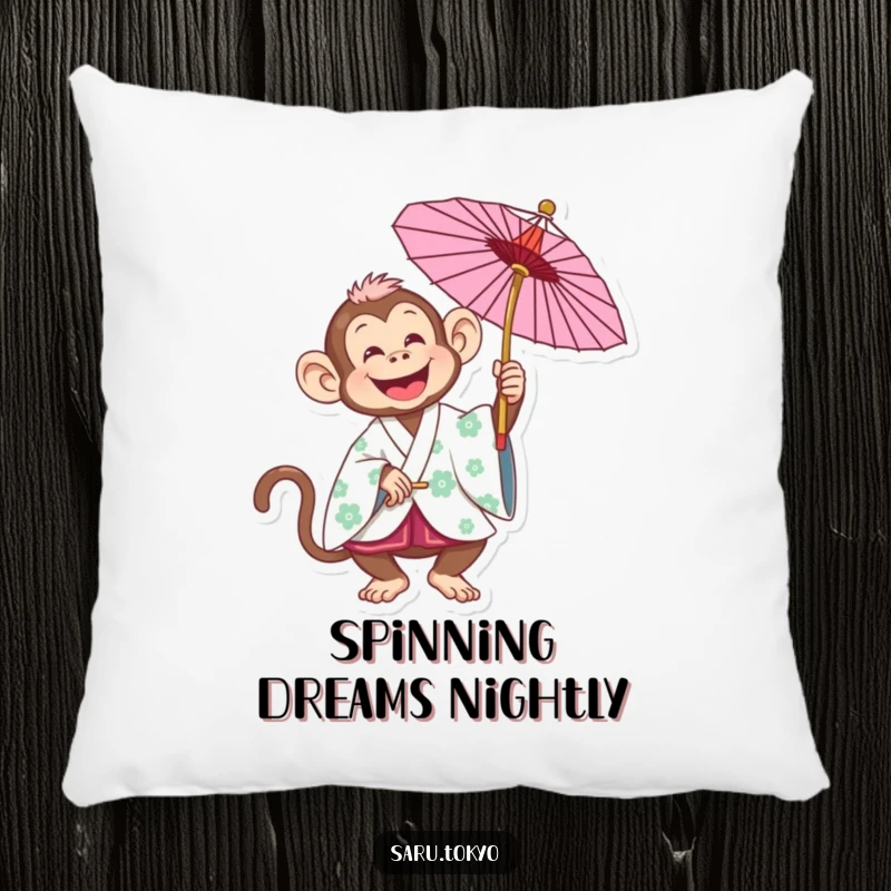 Funny Monkey Pillow: Joyful monkey in a traditional kimono spinning a parasol, providing soft and humorous comfort.
