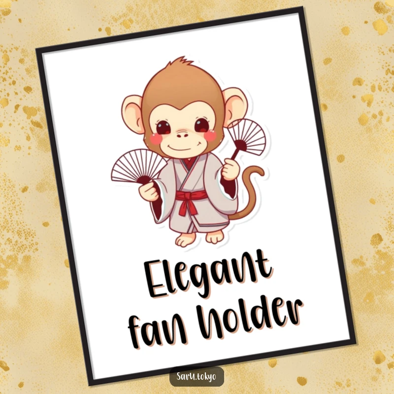 Funny Monkey Digital Art Print: Charming monkey in a kimono holds a delicate fan, perfect for elegant decor.