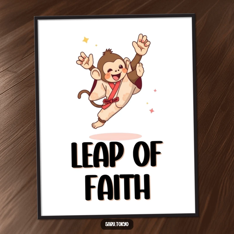 Funny digital art print of a monkey in a festive kimono executing an energetic and impressive high kick.