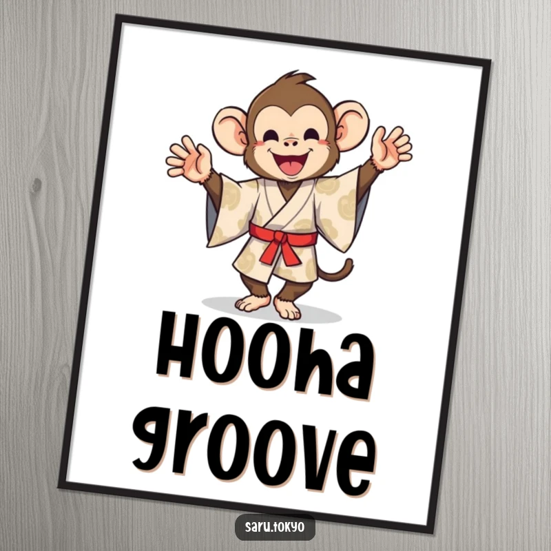 Funny digital art print of a monkey in a patterned kimono performing an energetic and amusing silly dance.