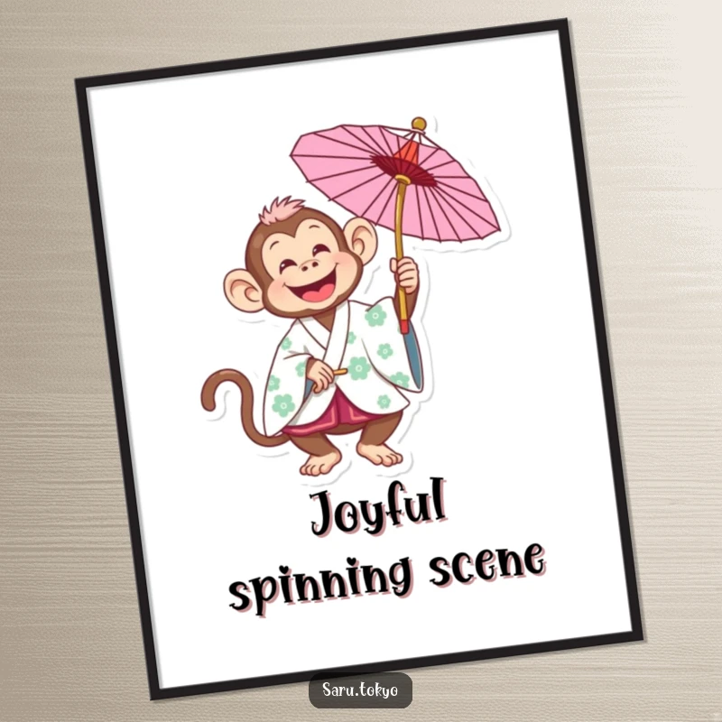Funny Monkey Digital Art Print: Joyful monkey in a kimono spinning a parasol, perfect for cheerful decor.