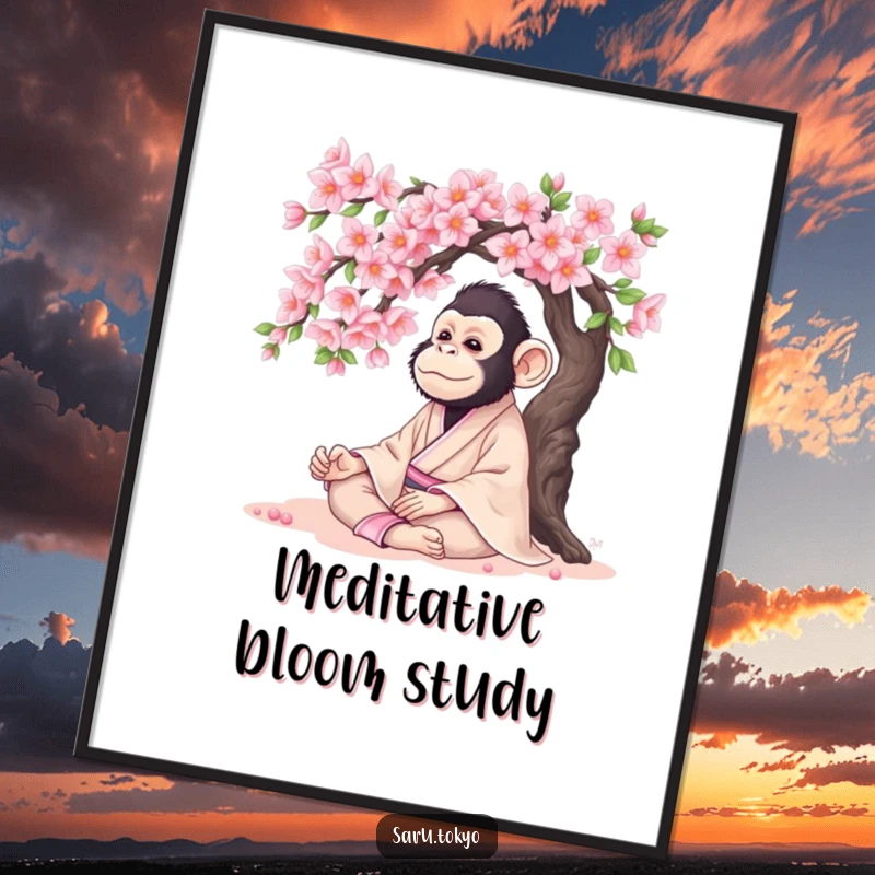 Funny Monkey Digital Art Print: Serene monkey in a kimono meditating under a cherry tree, perfect for calm decor.