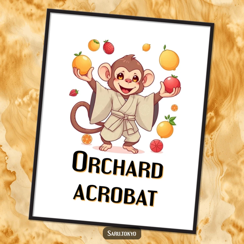 Funny digital art print of a monkey in a silk kimono gracefully juggling an array of colorful, bright fruits.