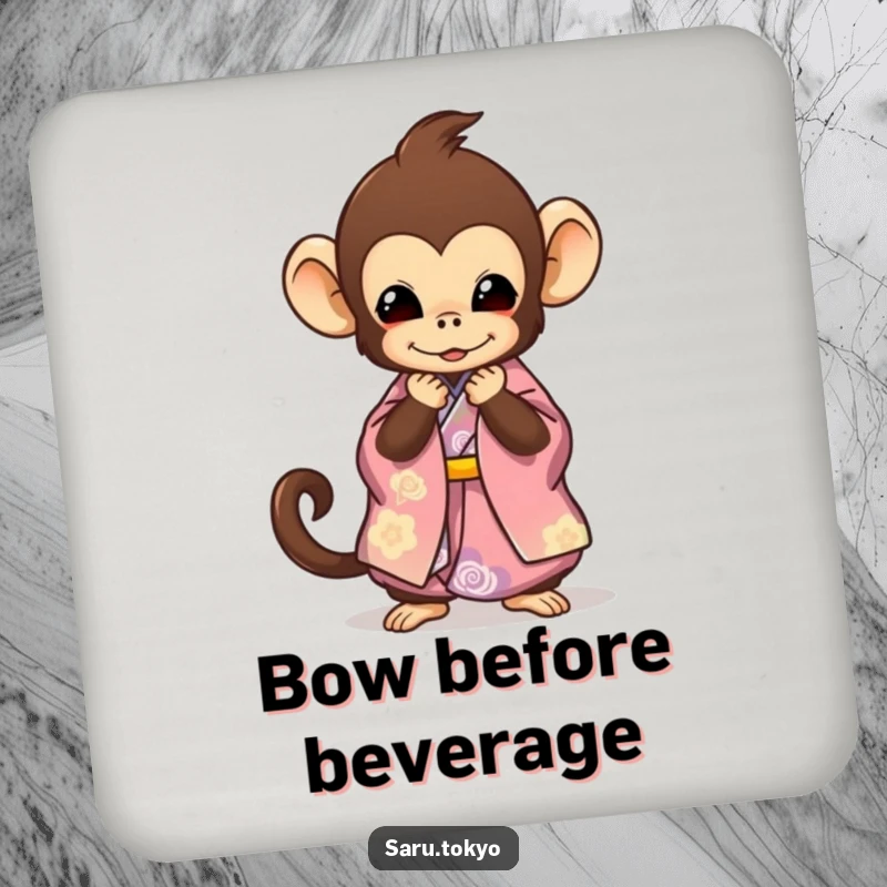 Funny Monkey Coaster: A cute monkey in a stylish kimono bowing, protecting your surfaces with delightful humor.