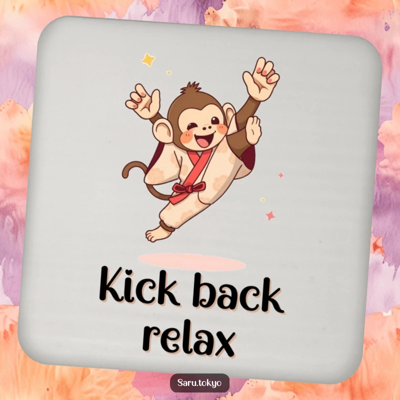 Funny drink coaster featuring a monkey in a festive kimono attempting an impressive high kick, adding humor to tables.