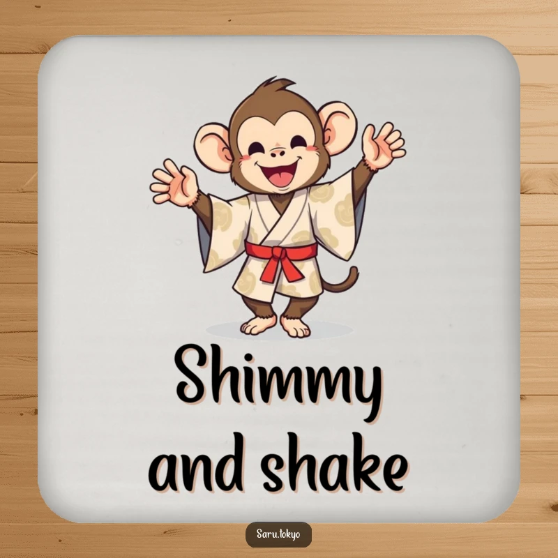 Funny drink coaster featuring a monkey in a patterned kimono doing a hilarious silly dance, adding humor to tables.