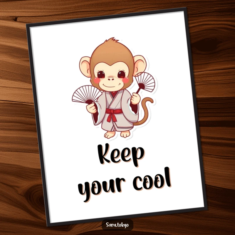Funny Monkey Poster: Charming monkey in a formal kimono holding a delicate fan, adding elegant humor.