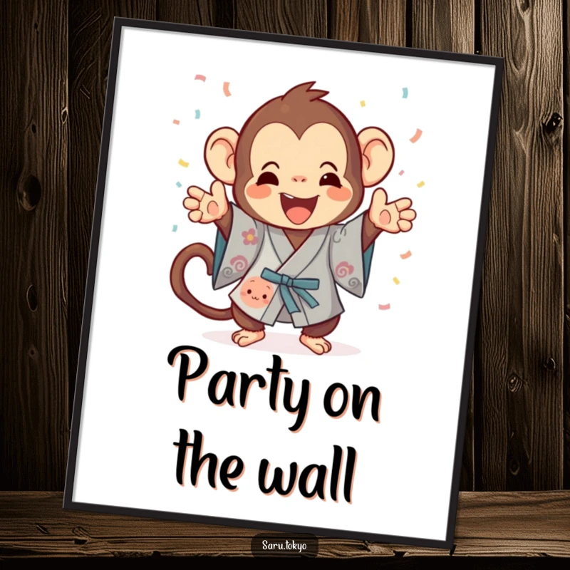 Funny Monkey Poster: Playful monkey in a festive kimono gleefully tosses confetti, adding vibrant humor.