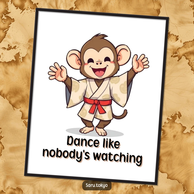 Funny Free Printable Wall Art: A monkey character in a vibrant patterned kimono caught mid-silly dance, radiating pure fun.