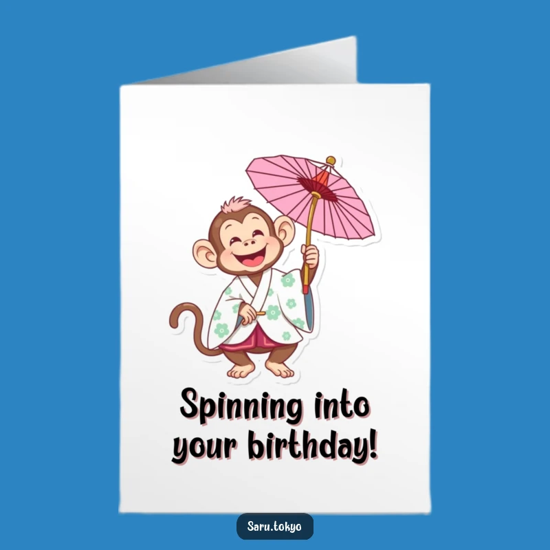 Free Printable Birthday Card: Joyful Monkey Spinning Parasol - Funny Downloadable Gift