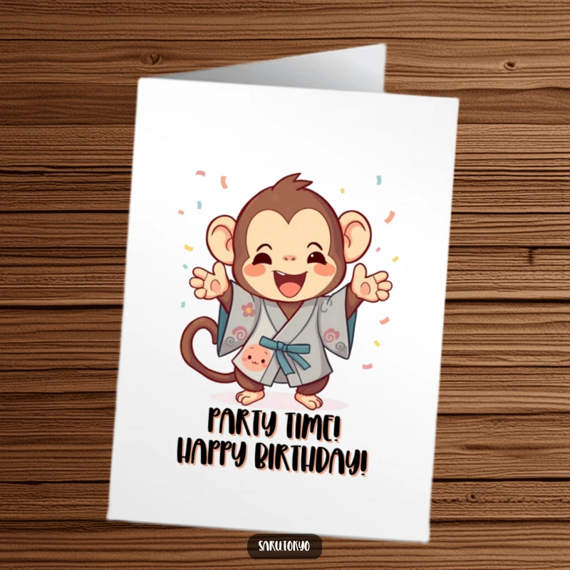 Funny Free Printable Birthday Card with a playful monkey in a festive kimono gleefully tossing confetti, celebrating a birthday with gusto.