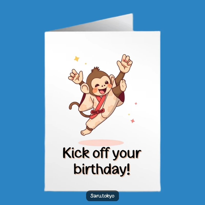 Free Printable Birthday Card: High Kick Monkey Kimono Celebration, Downloadable Humorous Gift