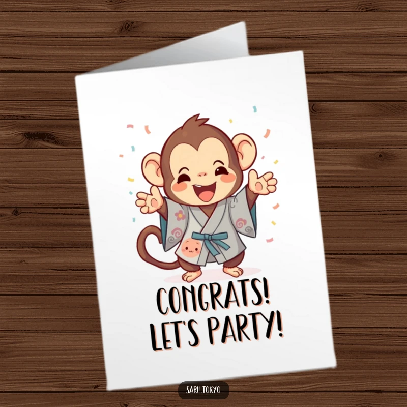 Funny Free Printable Congratulations Card showing a playful monkey in a festive kimono gleefully tossing confetti, marking a grand achievement.