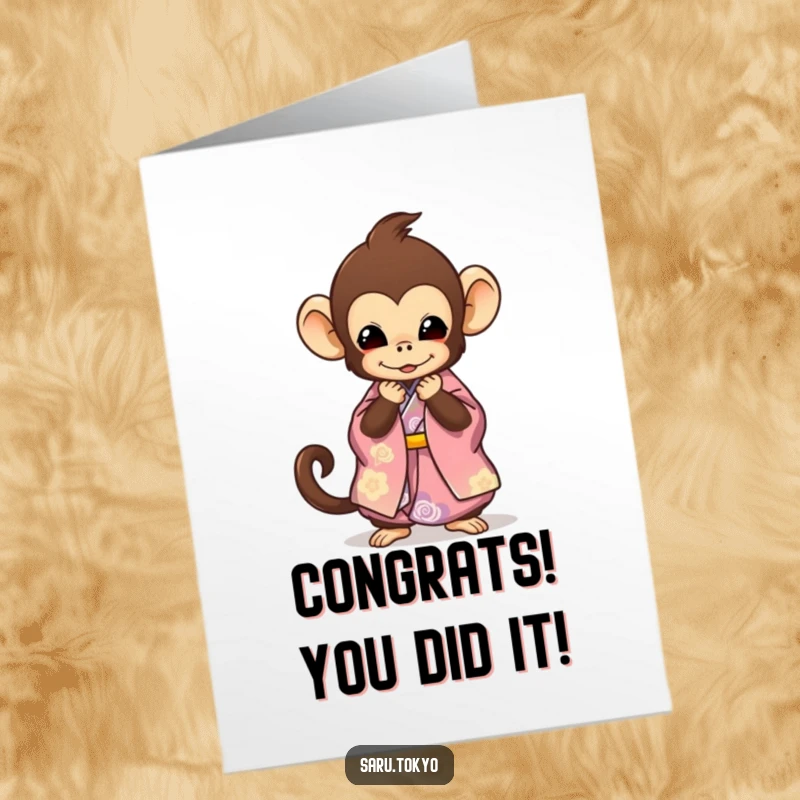 Funny Free Printable Congratulations Card showcasing a charming monkey in a flowing kimono performing a respectful bow, perfect for celebrations.