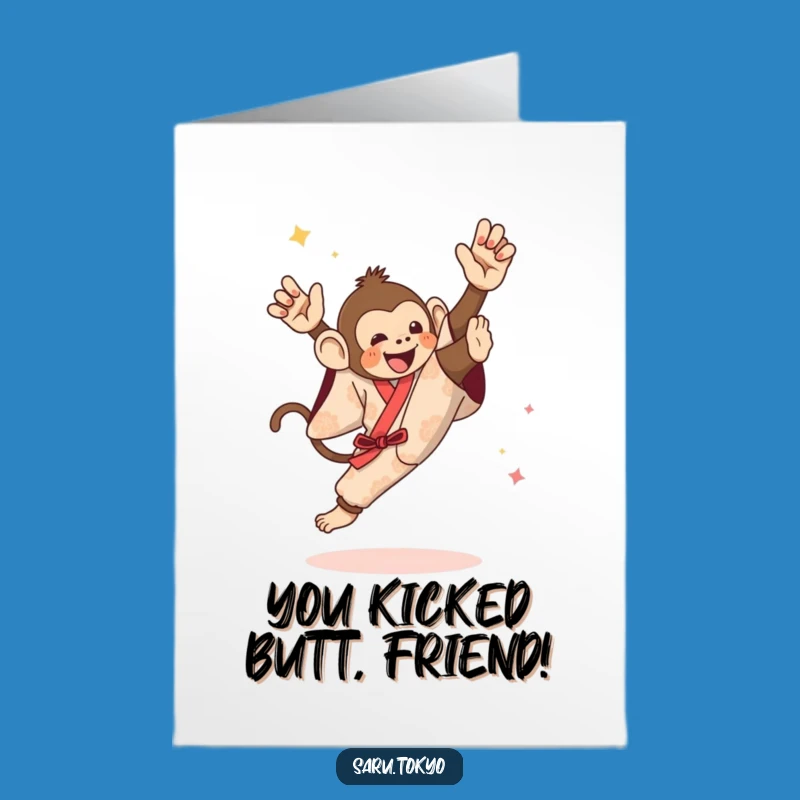 Free Printable Congrats Card: High Kick Monkey Kimono Victory, Downloadable Humorous Gift