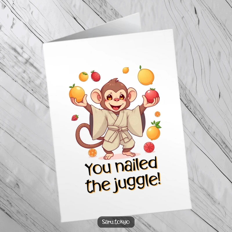 Funny Free Printable Congratulations Card: A monkey in a silk kimono skillfully juggling various bright fruits, signifying accomplishment.