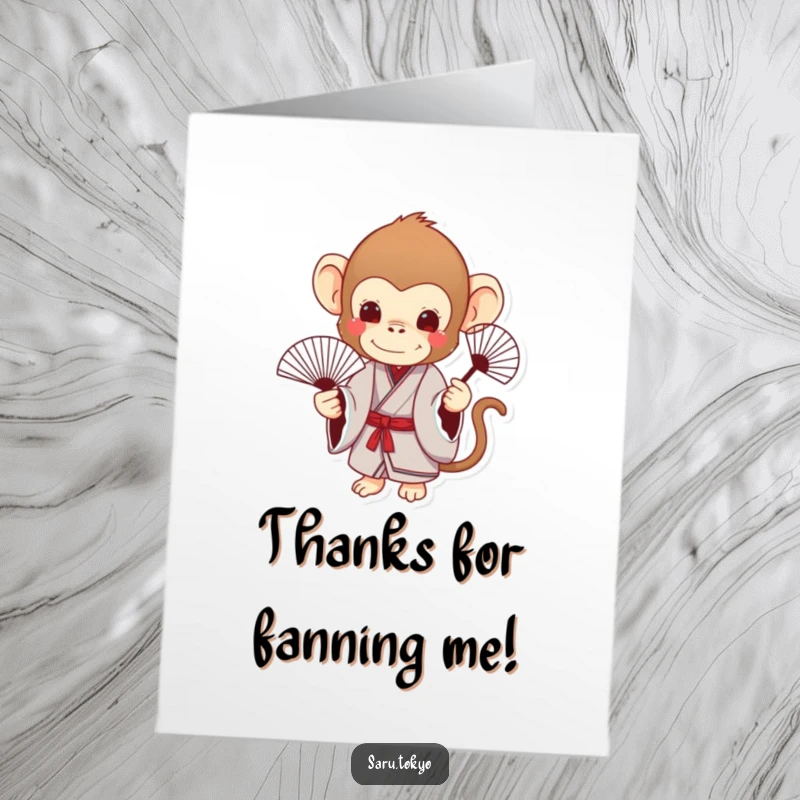 Funny Free Printable Thank You Card with a charming monkey in a formal kimono holding a delicate fan, offering thanks with refined humor.