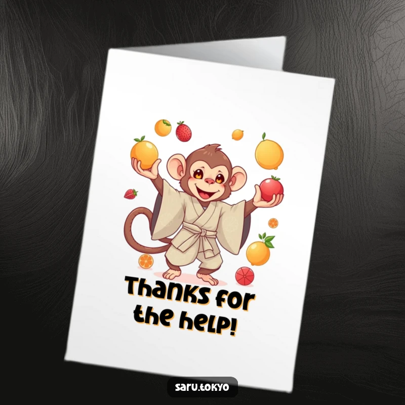 Funny Free Printable Thank You Card: Elegant monkey in a silk kimono juggling colorful fruits, conveying appreciation gracefully.