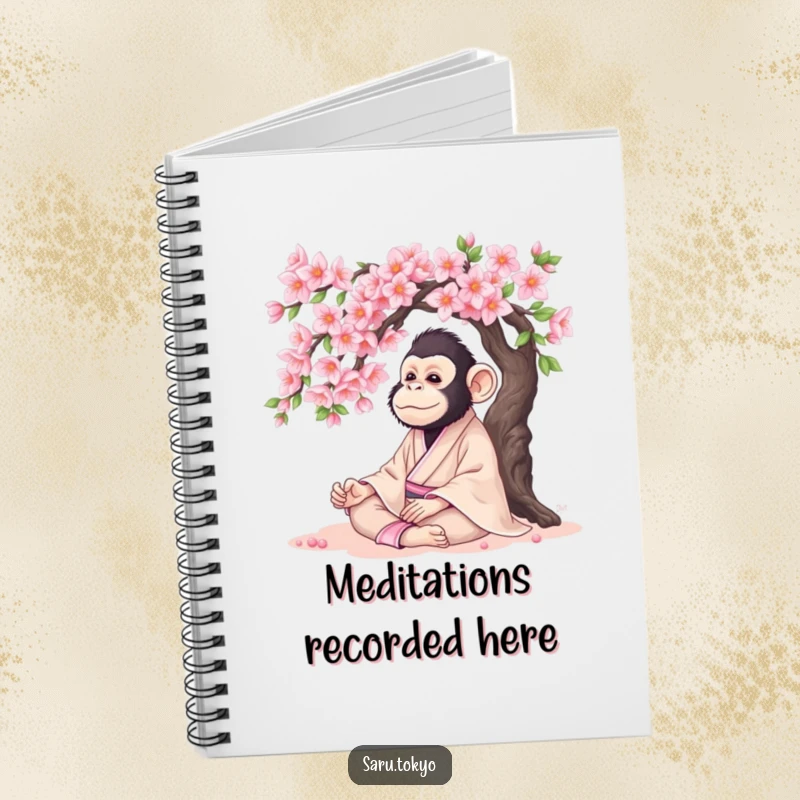 Funny Monkey Notebook: Serene monkey in a kimono meditating under a cherry tree, perfect for peaceful notes.