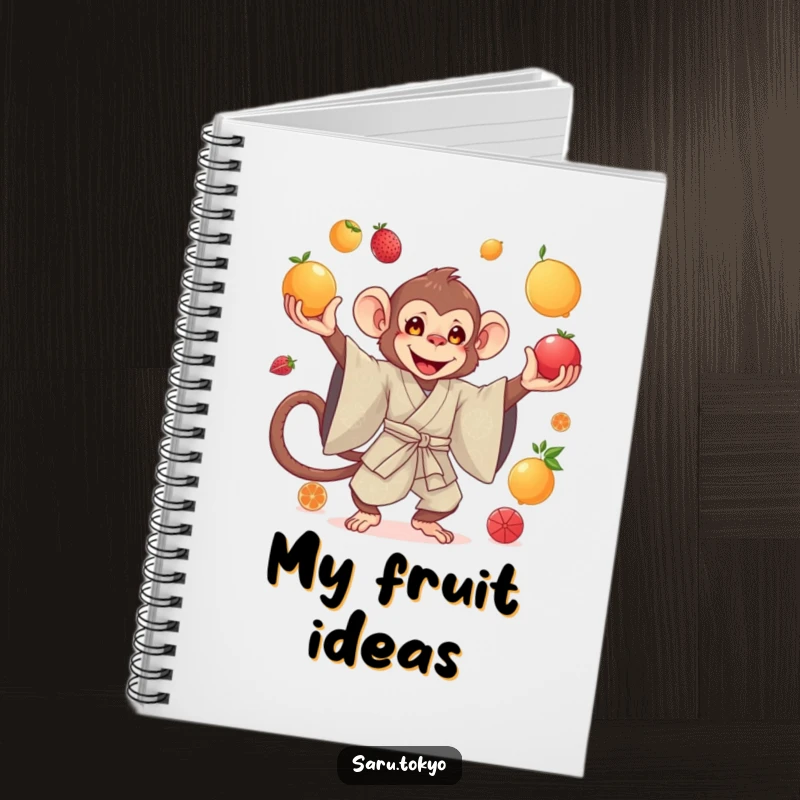 Funny notebook with a monkey in a silk kimono gracefully juggling colorful fruits, inspiring graceful note-taking.