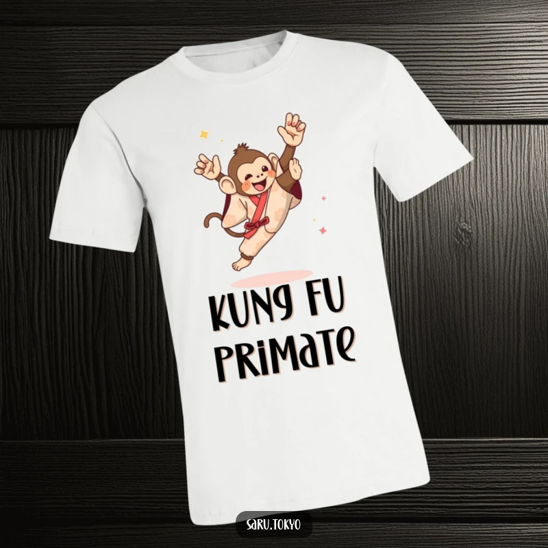 Funny t-shirt featuring a monkey in a festive kimono executing a powerful, albeit slightly wobbly, high kick.
