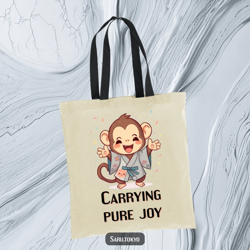 Funny Monkey Tote Bag: A playful monkey in a kimono gleefully tosses confetti, perfect for festive shopping.