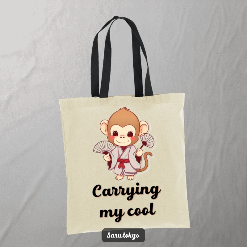 Funny Monkey Tote Bag: A charming monkey in a kimono holds a delicate fan, perfect for stylish errands.