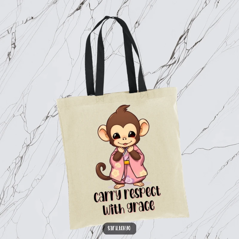 Funny Monkey Tote Bag: A cute monkey in a fancy kimono executing a polite and funny bow, ideal for shopping.